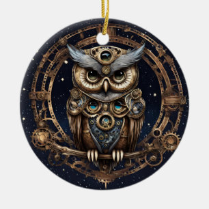 Steampunk Owl Against the Starry Sky Ceramic Tree Decoration