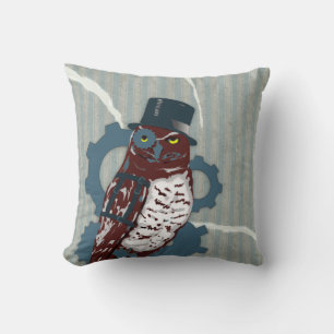 Steampunk Owl on Destroyed Mattress Ticking Pillow