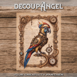 Steampunk parrot on parchment - decoupage -  tissue paper