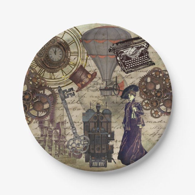 Steampunk Party Supplies Vintage Industrial Paper Plate (Front)
