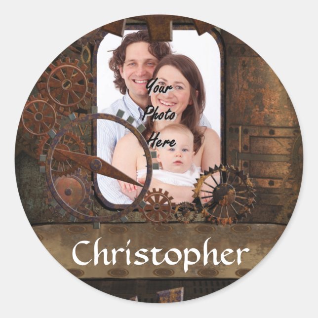 Steampunk photo background classic round sticker (Front)