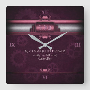 Steampunk, pink hearts and gears, Monogram Square Wall Clock