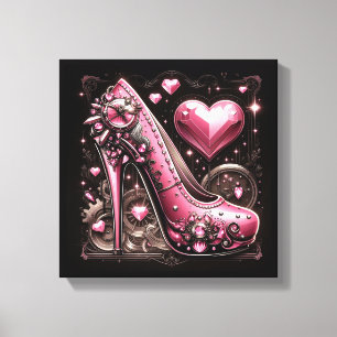 Steampunk Pink Stiletto High Heels with Hearts Canvas Print
