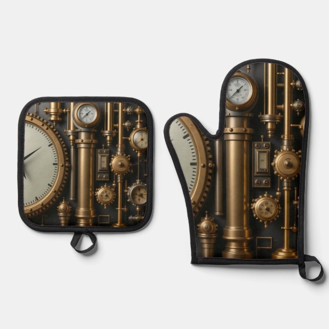 Steampunk Pipes and Gauges  Oven Mitt & Pot Holder Set (Front)
