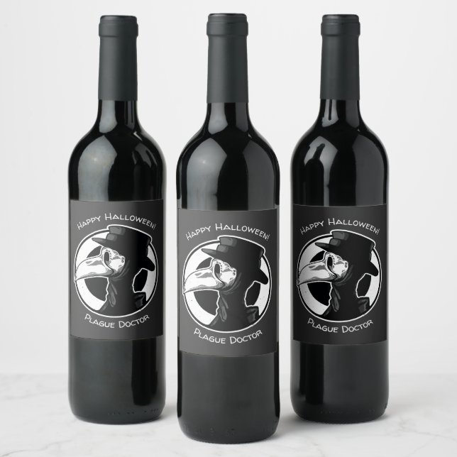 Steampunk Plague Doctor Bird Mask B/W Wine Label (Bottles)