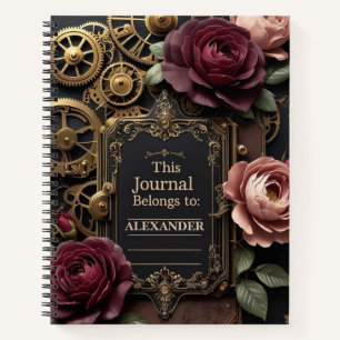 Steampunk Plum Roses & Gears Notebook