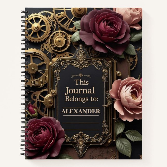 Steampunk Plum Roses & Gears  Notebook (Front)