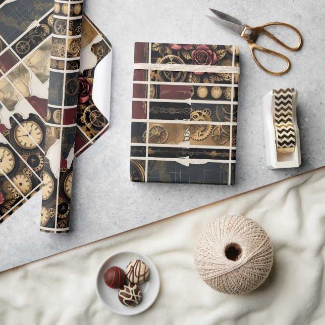 Steampunk Plum Roses & Gears Wrapping Paper (Crafts)