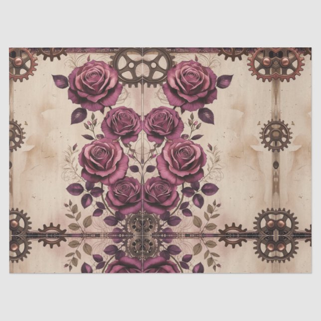 Steampunk Plum Roses & Gears Wrapping Paper (Front)