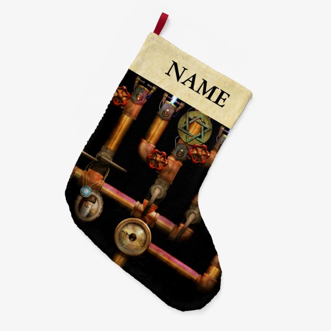 Steampunk - Plumbing - Lighting the Menorah Large Christmas Stocking (Front (Hanging))