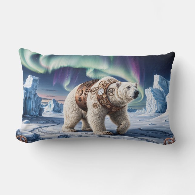 Steampunk Polar Bear and Aurora Art Lumbar Cushion (Front)