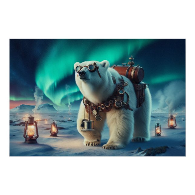 Steampunk Polar Bear and Aurora Art Poster (Front)