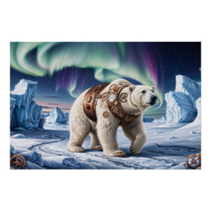 Steampunk Polar Bear and Aurora Art Poster