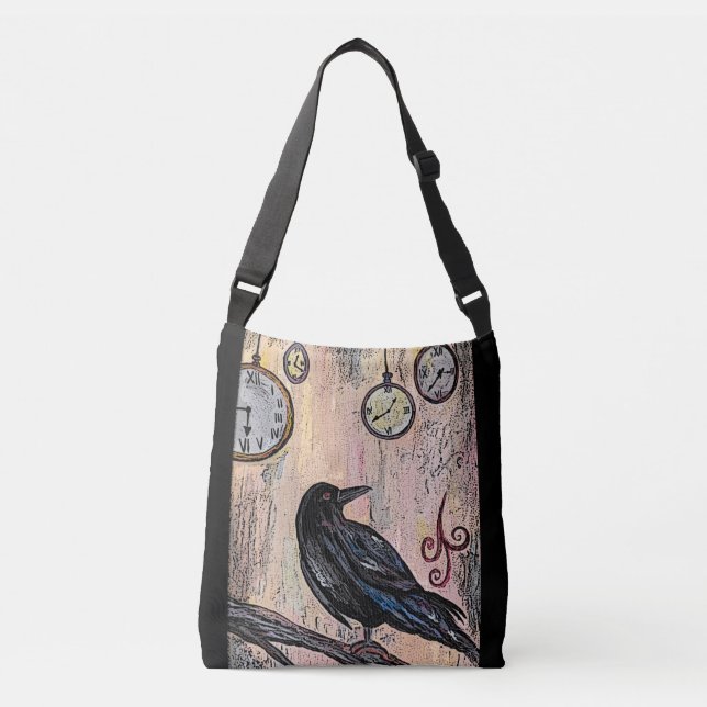 "Steampunk Raven with Clocks" Crossbody Bag (Front)