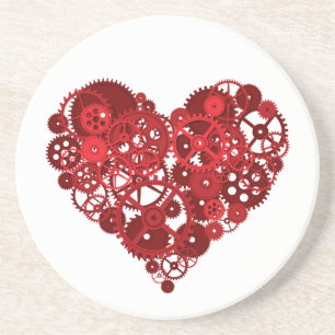 Steampunk Red Gears Heart Coaster