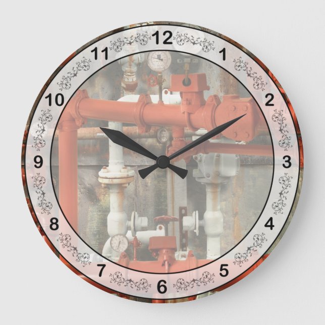 Steampunk - Red pipe headache Large Clock (Front)