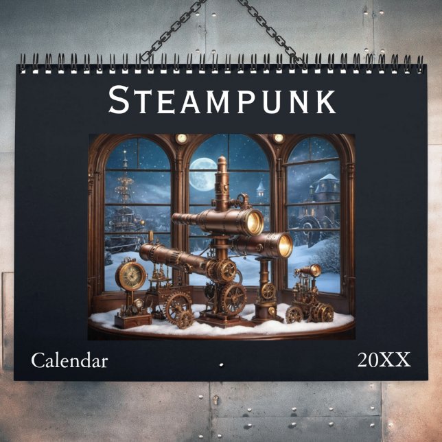 Steampunk Retro Cool Cogs Gears Stylish Aesthetic Calendar (A stylish Steampunk monthly wall calendar, with a different Steampunk-inspired image on every page)