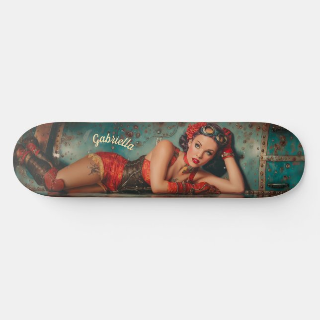 Steampunk retro-futuristic pinup girl painting skateboard (Horz)