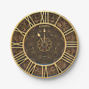 Steampunk Retro Vintage Rusty Art Deco Clock Paper Plate