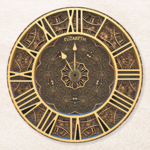 Steampunk Retro Vintage Rusty Art Deco Clock Round Paper Coaster