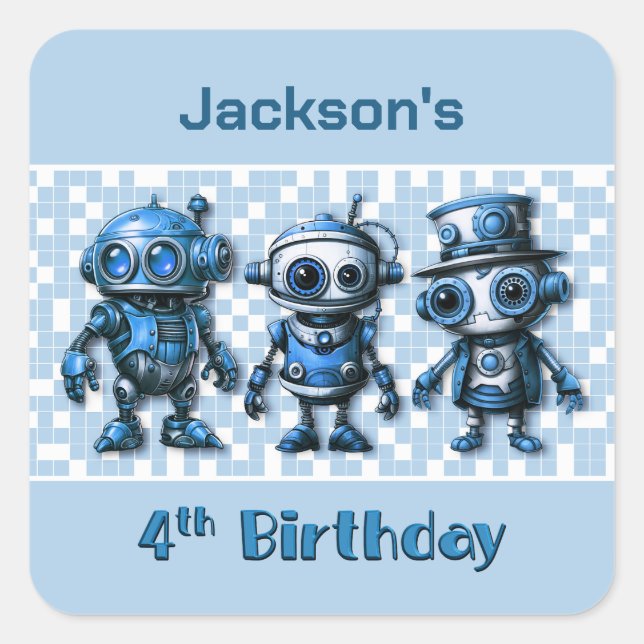 Steampunk Robot Theme 4th Birthday Square Sticker (Front)