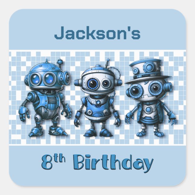 Steampunk Robot Theme 8th Birthday Square Sticker (Front)