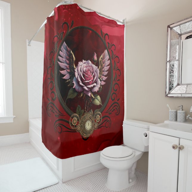 Steampunk rose shower curtain (In Situ)