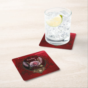 Steampunk rose square paper coaster