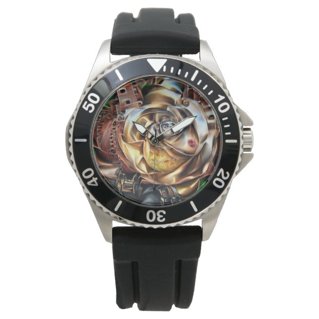 Steampunk Rose with Surreal Face – Mechanical Flor Watch (Front)