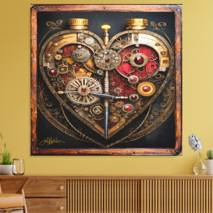 Steampunk Rubies And Gears Dark Heart Canvas Print