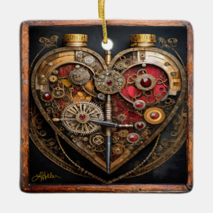 Steampunk Rubies And Gears Dark Heart Ceramic Ornament