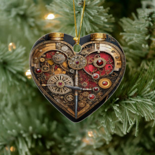 Steampunk Rubies And Gears Dark Heart Ceramic Tree Decoration
