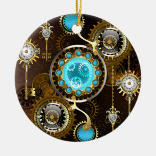 Steampunk Rusty Background with Turquoise Lenses Ceramic Tree Decoration