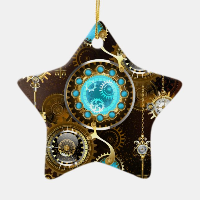 Steampunk Rusty Background with Turquoise Lenses Ceramic Tree Decoration (Front)