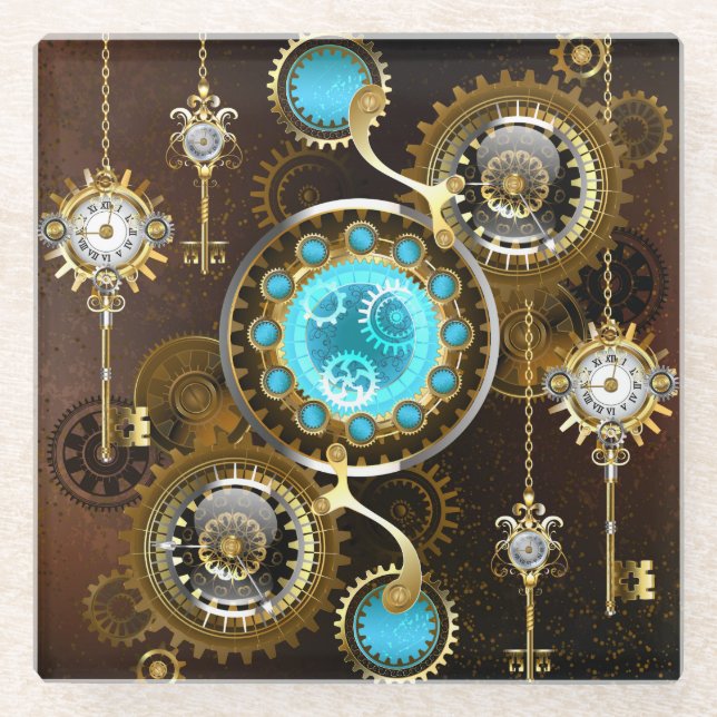 Steampunk Rusty Background with Turquoise Lenses Glass Coaster (Front)