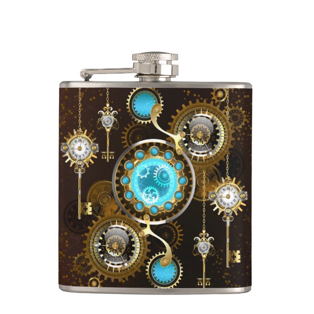 Steampunk Rusty Background with Turquoise Lenses Hip Flask (Front)
