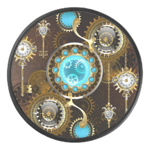 Steampunk Rusty Background with Turquoise Lenses Hockey Puck