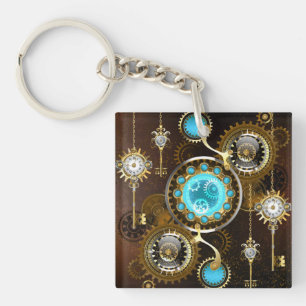 Steampunk Rusty Background with Turquoise Lenses Key Ring