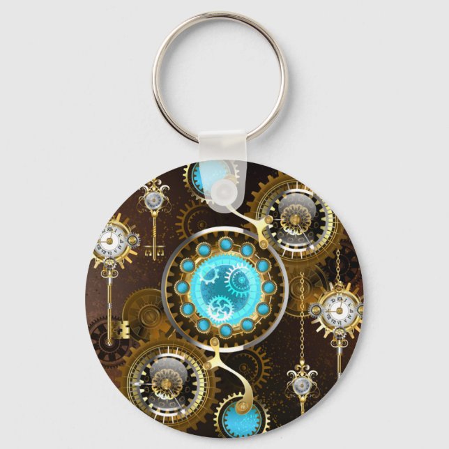 Steampunk Rusty Background with Turquoise Lenses Key Ring (Front)