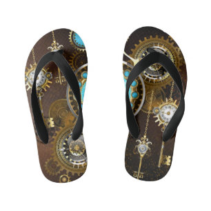 Steampunk Rusty Background with Turquoise Lenses Kid's Jandals