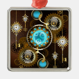 Steampunk Rusty Background with Turquoise Lenses Metal Tree Decoration