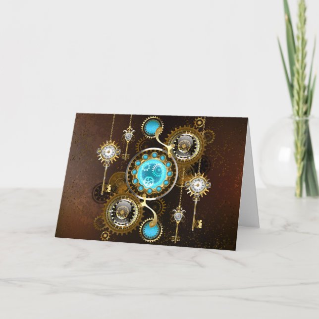 Steampunk Rusty Background with Turquoise Lenses Note Card (Front)