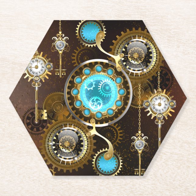 Steampunk Rusty Background with Turquoise Lenses Paper Coaster (Front)