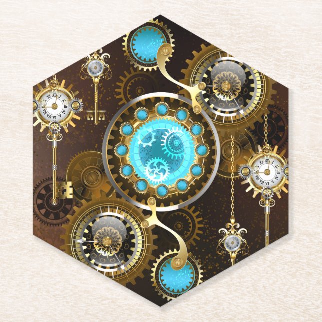 Steampunk Rusty Background with Turquoise Lenses Paper Coaster (Front)
