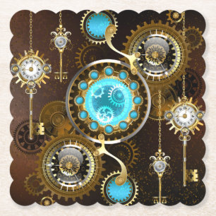 Steampunk Rusty Background with Turquoise Lenses Paper Coaster