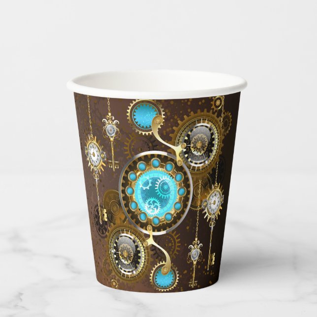 Steampunk Rusty Background with Turquoise Lenses Paper Cups (Front)