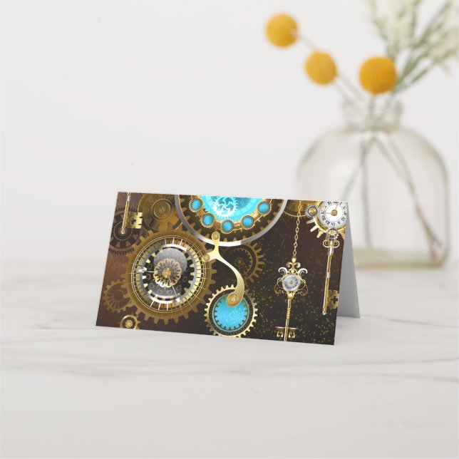Steampunk Rusty Background with Turquoise Lenses Place Card (Front)