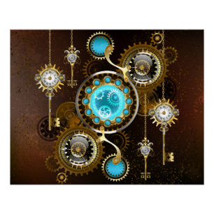 Steampunk Rusty Background with Turquoise Lenses Poster