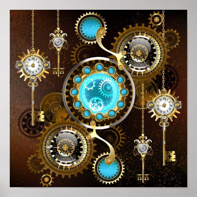 Steampunk Rusty Background with Turquoise Lenses Poster (Front)