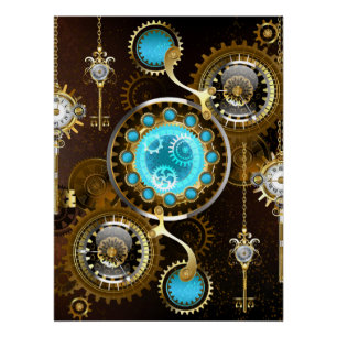 Steampunk Rusty Background with Turquoise Lenses Poster
